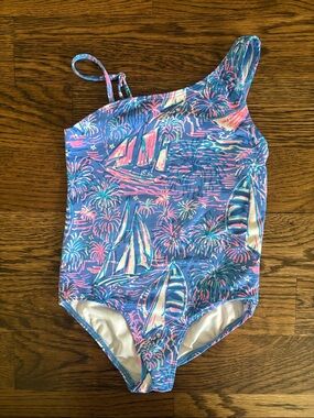Lilly Pulitzer Girls One-Shoulder Sailboat Print Swimsuit - Blue & Pink